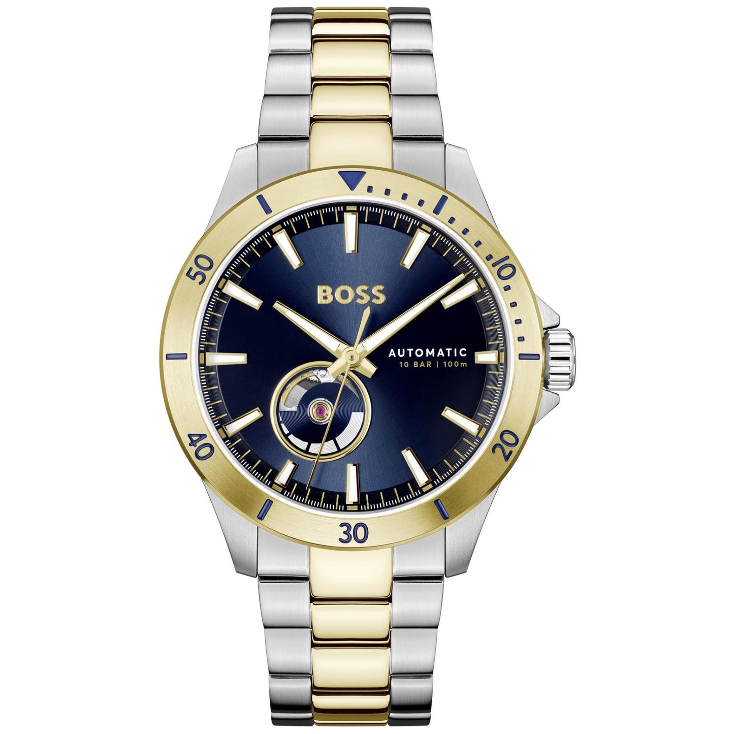 BOSS TROPER AUTOMATIC GENTS. STAINLESS STEEL/YELLOW GOLD CASE AND BRACELET. BLUE DIAL.